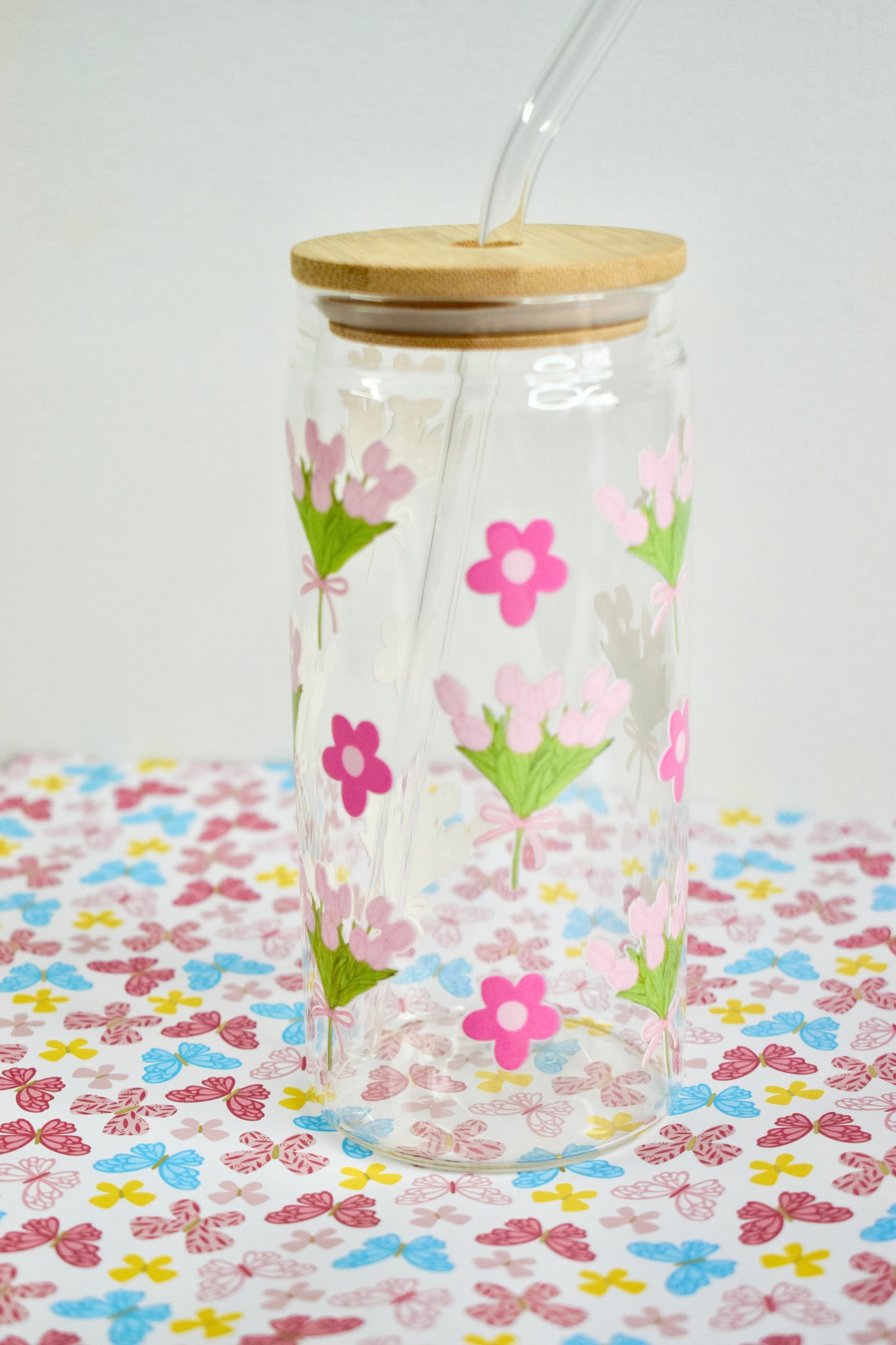 Tulips Coquette Bows Clear Glass Can