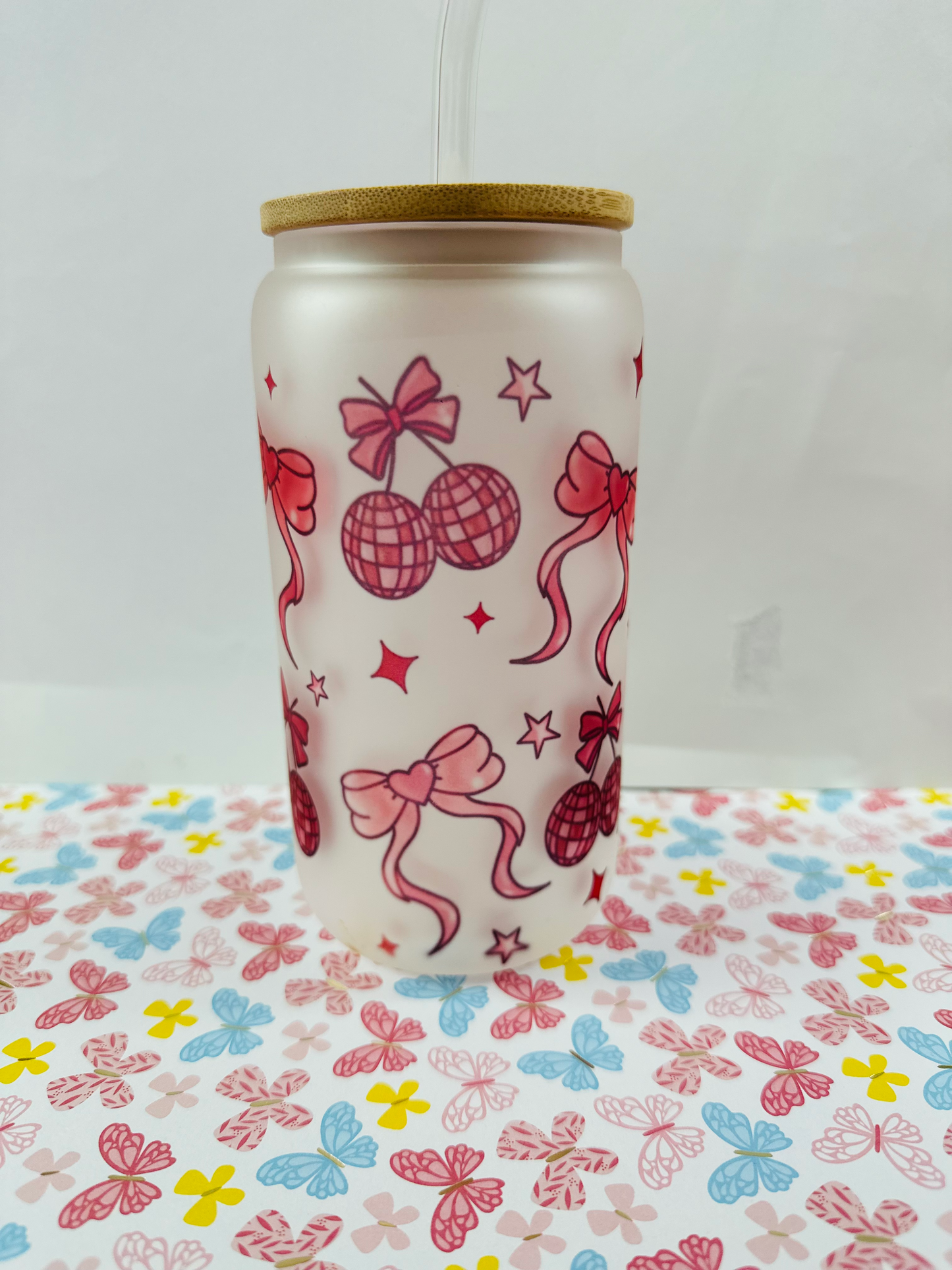 Cherry Bows Frosted  16 oz. Glass Cup